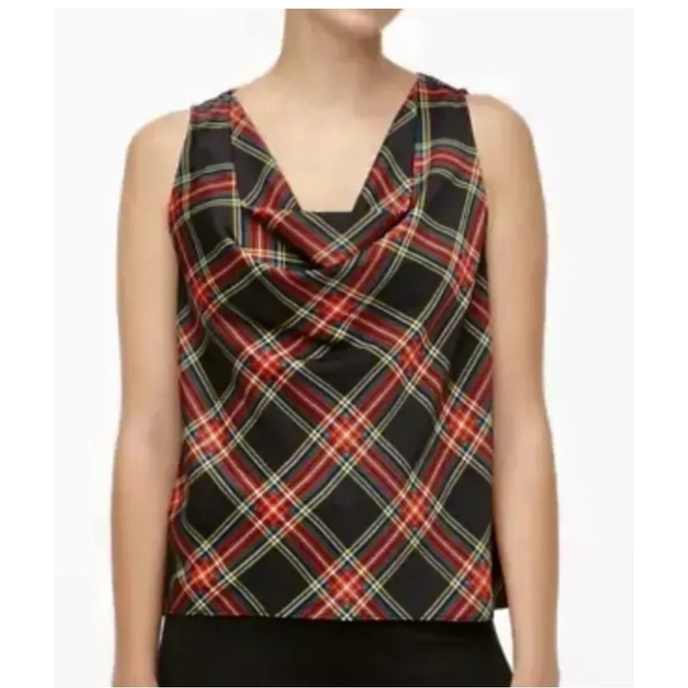 J. Crew Blouse Top XL Tartan Plaid Cowl Neck Sleeveless Popover Casual Black Red